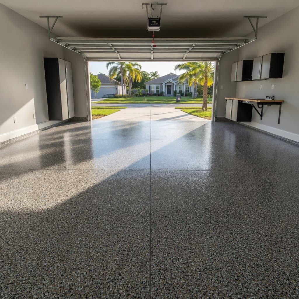 Grey and charcoal flake garage floor viewed toward an open two-car door, with palm trees and a house across the street.