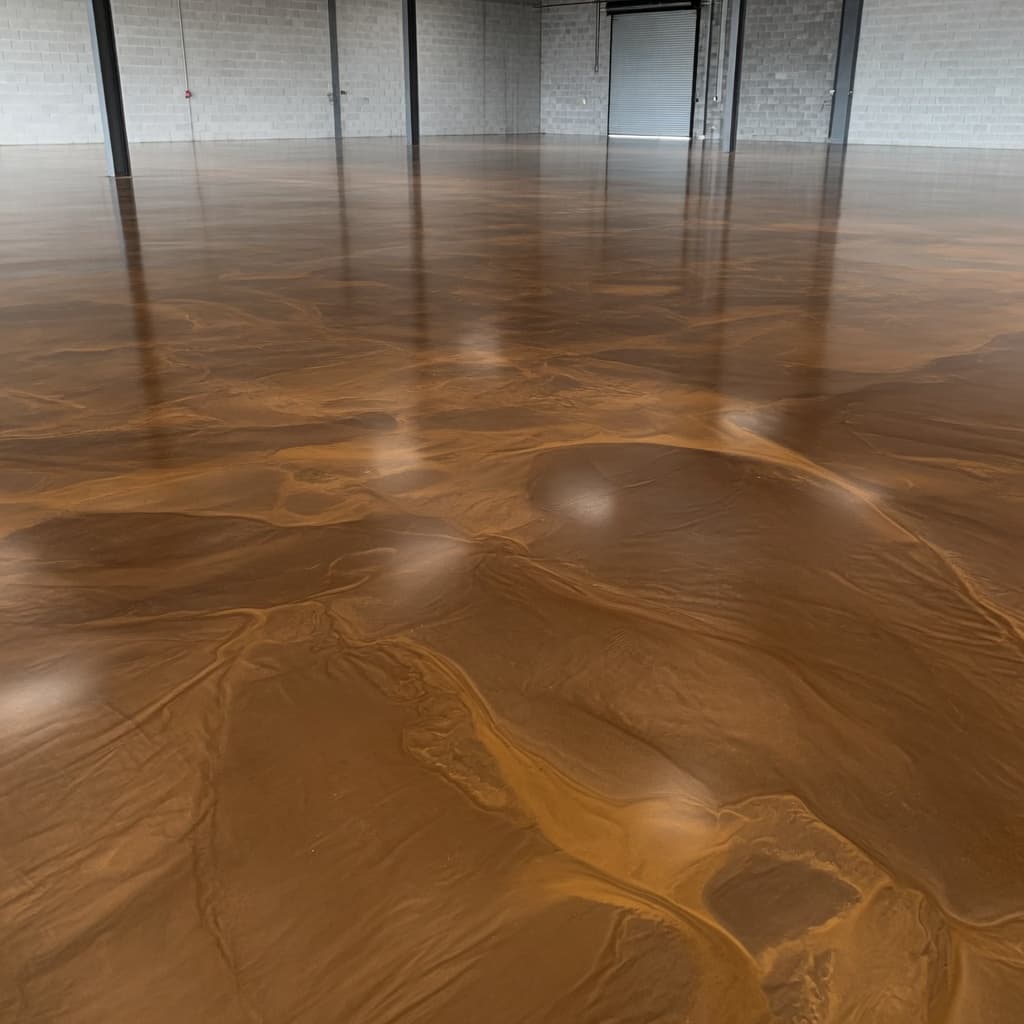 Glossy brown and amber marbled metallic epoxy floor in an empty commercial warehouse, reflecting the cinder block walls and support columns.