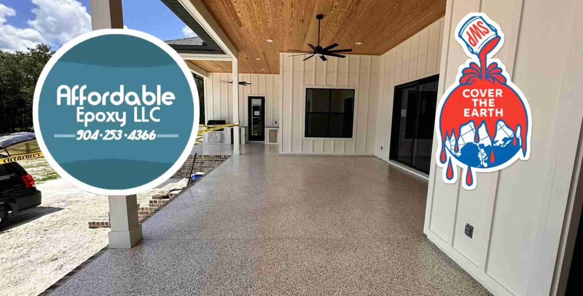 Covered patio with a grey and tan flake floor, white siding, and a wood ceiling, with Affordable Epoxy branding.