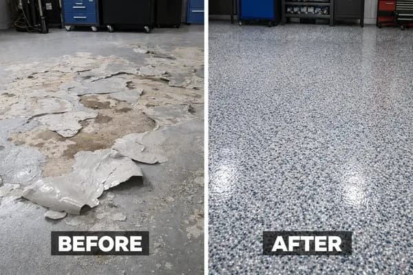 Before-and-after comparison of a peeling garage floor replaced with a smooth grey, black and white flake finish.