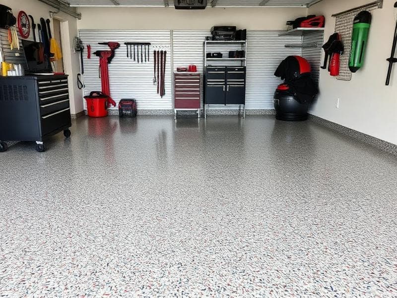Grey and white flake garage floor beneath wall-mounted tools, storage cabinets, and exercise equipment.